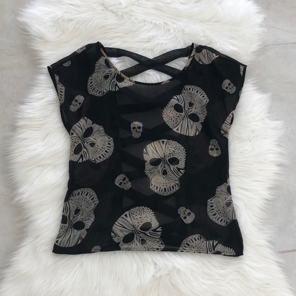 Sheer Tribal Skull Blouse w/ Open Back, size S